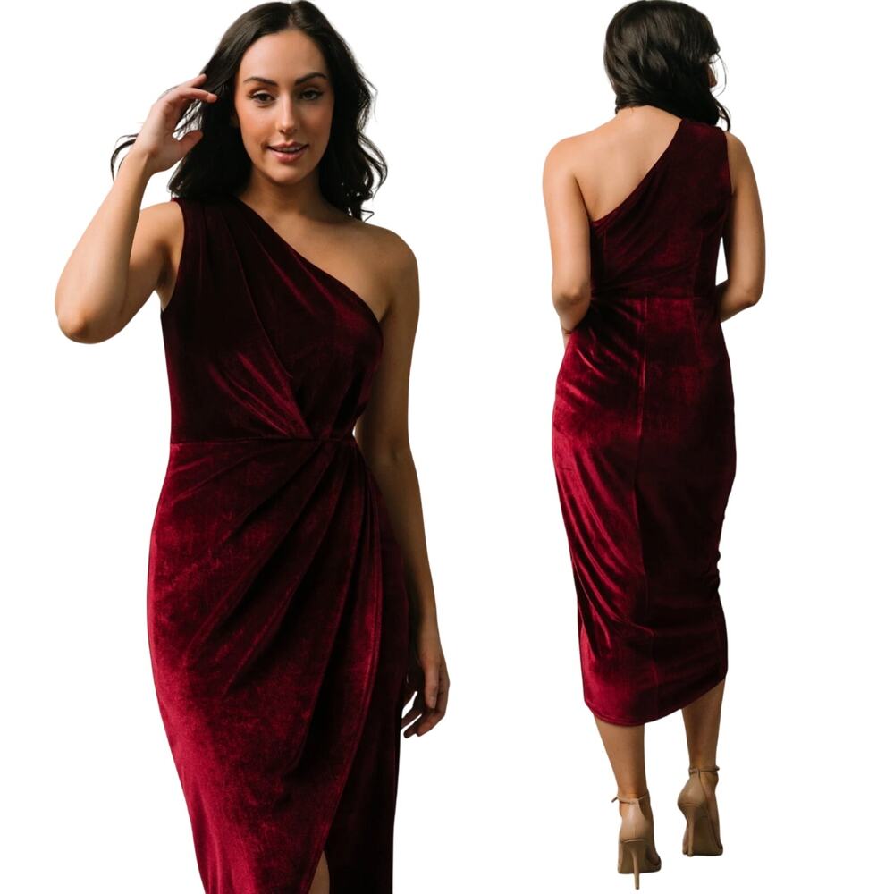 Baltic Born Kourtney Velvet Midi Dress One Shoulder Tulip Hem Merlot Red XL
